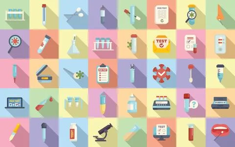 PCR test icons set flat vector. Covid test Ilustración de archivo