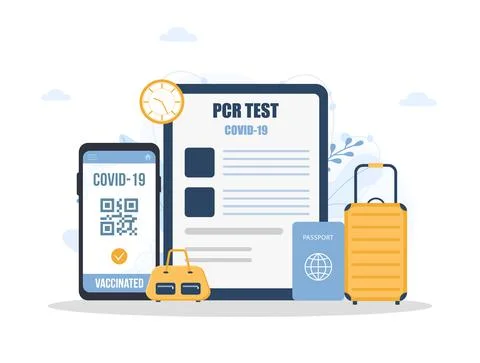 PCR test for travel. QR code with vaccine certificate. Check of safety from Stock Illustration