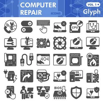 Pcrepair solid icon set, computer symbols collection or sketches. Pc repair Illustrazione stock