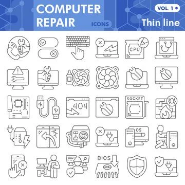 Pcrepair thin line icon set, computer symbols collection or sketches. Pc repair Stock Illustration