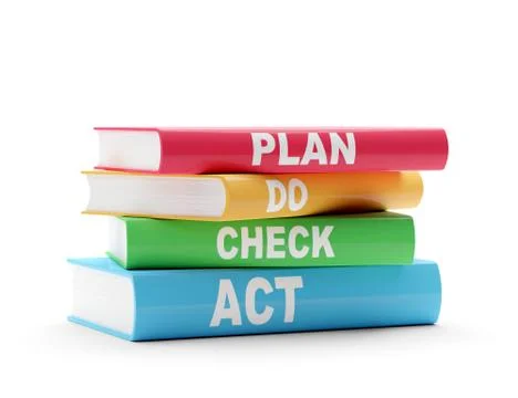 PDCA, plan - do - check - act,  scheme on red, yellow, green and blue books o Illustrazione stock