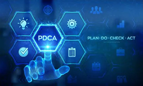 PDCA. Plan Do Check Act Business management technology concept on virtual scr Illustrazione stock
