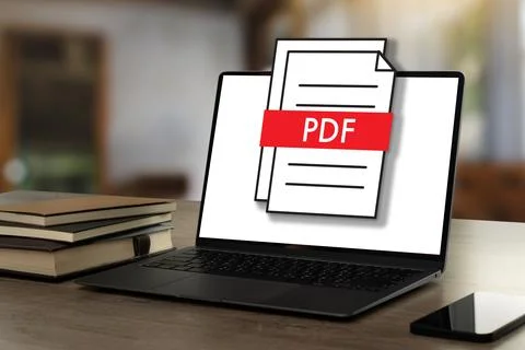 PDF button on screen Laptop computer converting process of document to anot.. Stock Photos