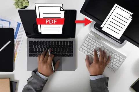 PDF button on screen Laptop computer converting process of document to anot.. Stock Photos