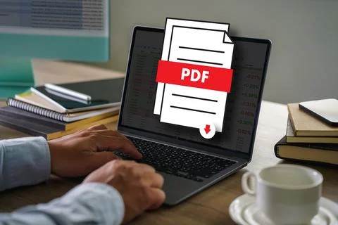 PDF button on screen Laptop computer converting process of document to anot.. Stock Photos