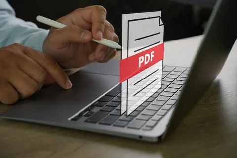 PDF button on screen Laptop computer converting process of document to anot.. Stock Photos