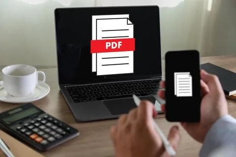 PDF button on screen Laptop computer converting process of document to anot.. 库存照片