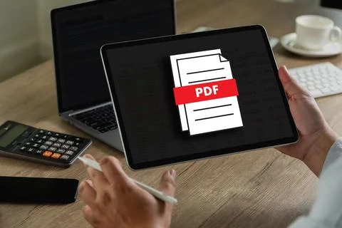 PDF button on screen Laptop computer converting process of document to anot.. Stock Photos