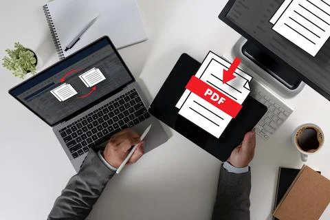 PDF button on screen Laptop computer converting process of document to anot.. Stock Photos