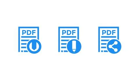 PDF document, download pdf file, edit and share vector icons on white 스톡 일러스트