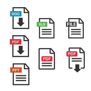 PDF Document icon set. File Icons. PDF file download icon Stock Illustration