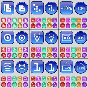 PDF Document, Network, Discount, Arrow up, Light bulb, Cassette, Database, One. Stock Illustration