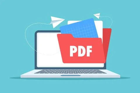 PDF document sharing concept showing files being transferred between folders Illustrazione stock