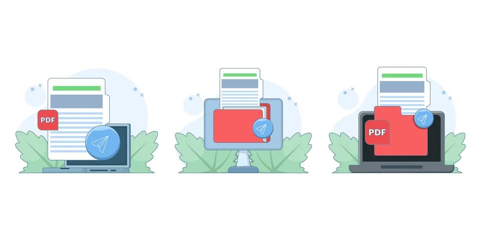 PDF document sharing illustration set featuring send and transfer concept Illustrazione stock