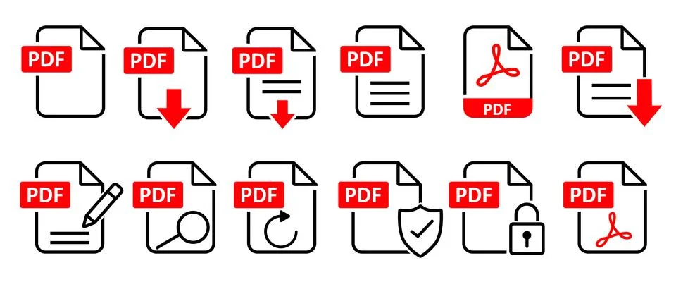 PDF file format icons set. Format information, Document text, Pdf file download Stock Illustration