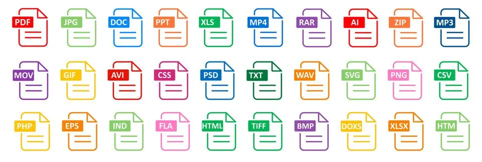PDF file format icons set. Format information, Document text, Pdf file download Stock Illustration
