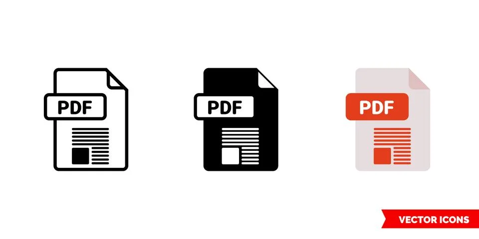 PDF file icon of 3 types. Isolated vector sign symbol. Stock Illustration