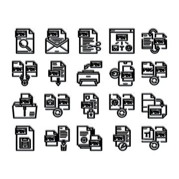 Pdf file management process digital tools icon set Stock Illustration