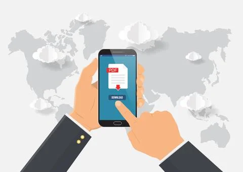 PDF file on smartphone screen. Hand holds phone, finger touches screen. Rea.. Stock Illustration