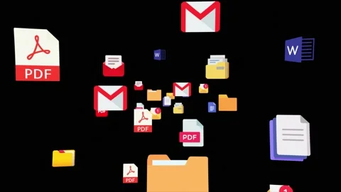 PDF files, docs, email and folders icons flying reveal with black background Stock Footage 235862451
