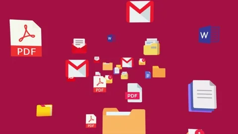 PDF files, docs, email and folders icons flying reveal with red background Stock Footage 236252541