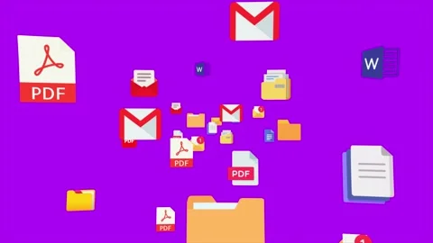 PDF files, docs, email and folders icons flying reveal with purple background Stock Footage 236252551