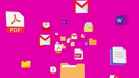PDF files, docs, email and folders icons flying reveal with pink background Stock Footage 236252560