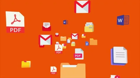 PDF files, docs, email and folders icons flying reveal with orange background Stock Footage 236252623
