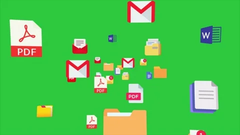 PDF files, docs, email and folders icons flying reveal with green background Stock Footage 236252639