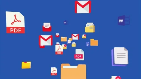 PDF files, docs, email and folders icons flying reveal with blue background Stock Footage 236252715