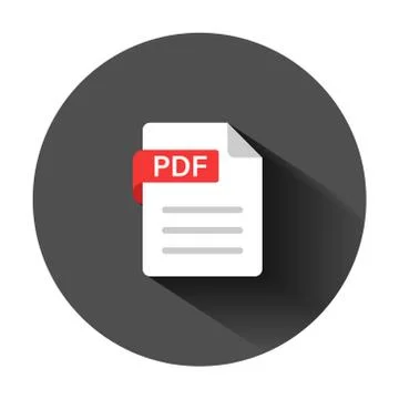 Pdf icon in flat style. Document text vector illustration on black round back Ilustración de archivo