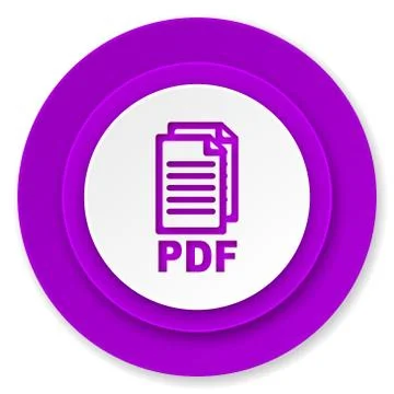 Pdf icon, violet button, pdf file sign. Stock Illustration