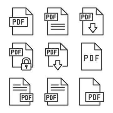 PDF Icons Set on White Background. Line Style Vector 库存插图