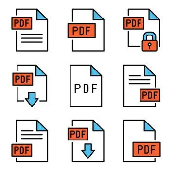 PDF Icons Set on White Background. Line Style Vector 库存插图