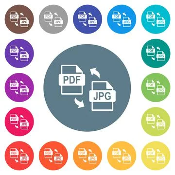PDF JPG file conversion flat white icons on round color backgrounds 스톡 일러스트