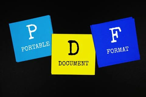PDF - Portable Document Format acronym text on sticky note on black backgroun Stock Photos
