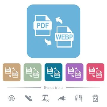 PDF WEBP file conversion flat icons on color rounded square backgrounds Stock Illustration