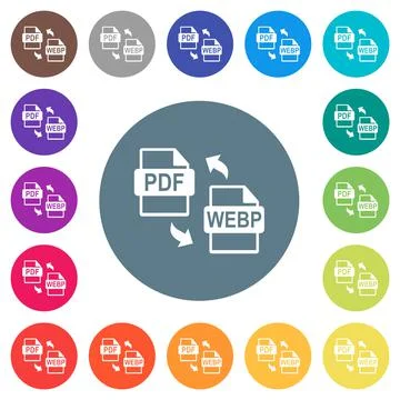 PDF WEBP file conversion flat white icons on round color backgrounds Illustrazione stock