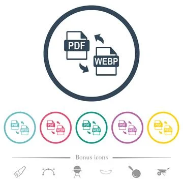 PDF WEBP file conversion flat color icons in round outlines Stock Illustration