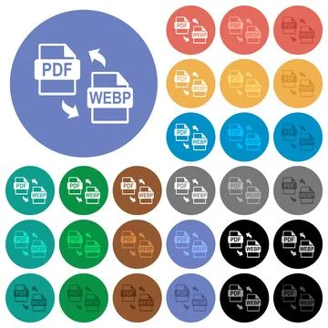 PDF WEBP file conversion round flat multi colored icons Stock Illustration