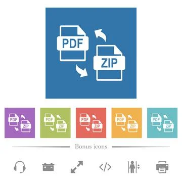 PDF ZIP file compression flat white icons in square backgrounds Stock Illustration