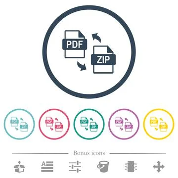 PDF ZIP file compression flat color icons in round outlines Stock Illustration