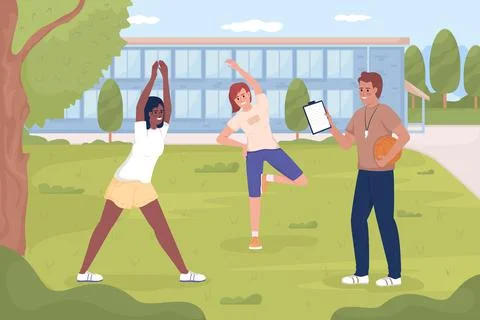 PE class outside of school flat color vector illustration Stock Illustration