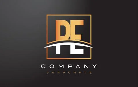 PE P E Golden Letter Logo Design with Gold Square and Swoosh. Stock Illustration