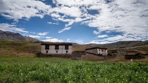 Pea fields and houses of the Gette Village in Spiti Valley - Timelapse Stock Footage 75561499
