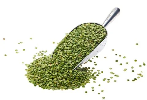 Pea in silver tin scale spoon on white background. food Stock Photos
