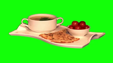Pea soup, cherry tomatoes, spicy flat cake on tray Stock Footage 46462741