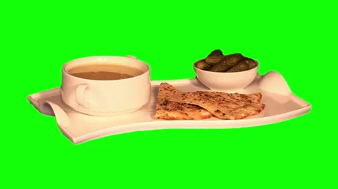Pea soup, marinated cornichons, spicy flat cake on tray Stock Footage 46463282