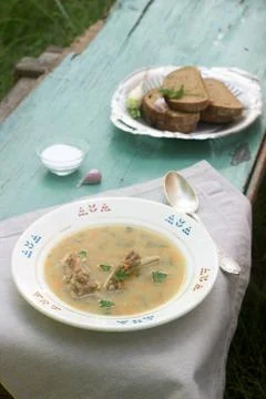 Pea soup with meat. Selective focus. Stock Photos