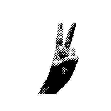 Peace abstract halftone hand gesture. Victory hand gesture digital art. Raised Stock Illustration